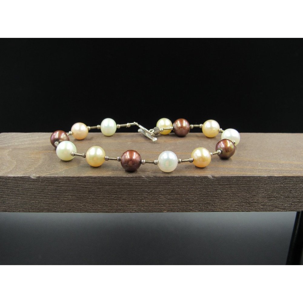 8" Sterling Silver Brown White Cream Pearls Bracelet Vintage Elegant Beautiful